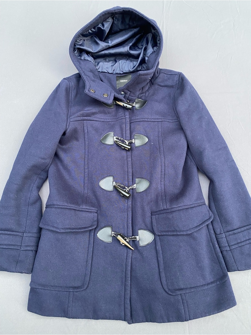 Forever 21 Navy Hooded Toggle Wool-Blend Coat